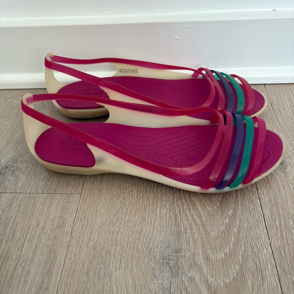 CROCS Womens Jelly Flats Size 10 Wide Cream Magenta Colorful Open Toe Comfort - Picture 3 of 11